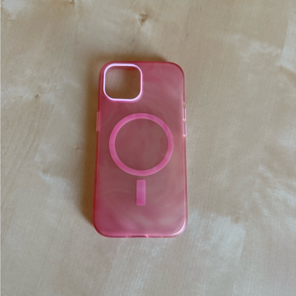 Otter Box iPhone 14 MagSafe Compatible Phone Case. Soft translucent pink swirl.
